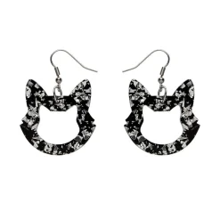 Cat Head Chunky Glitter Resin Drop Earrings - Silver