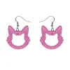 Cat Head Glitter Resin Drop Earrings - Pink
