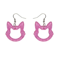 Cat Head Glitter Resin Drop Earrings - Pink