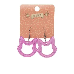 Cat Head Glitter Resin Drop Earrings - Pink