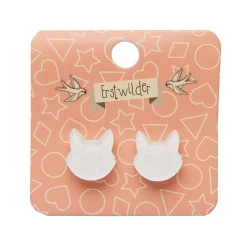 Cat Head Glitter Resin Stud Earrings - White