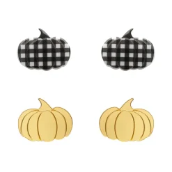 Pumpkin Patch Stud Earrings Set - Gold & Black Gingham