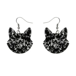 Solid Cat Head Chunky Glitter Resin Drop Earrings - Silver