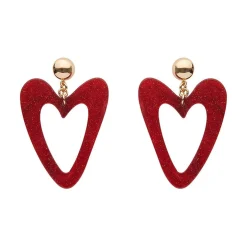Statement Glitter Ripple Resin Heart Drop Earrings - Red